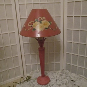 hand painted medal candlestick lamp with tole painted metal shade