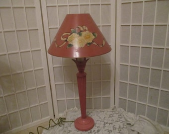 hand painted medal candlestick lamp with tole painted metal shade