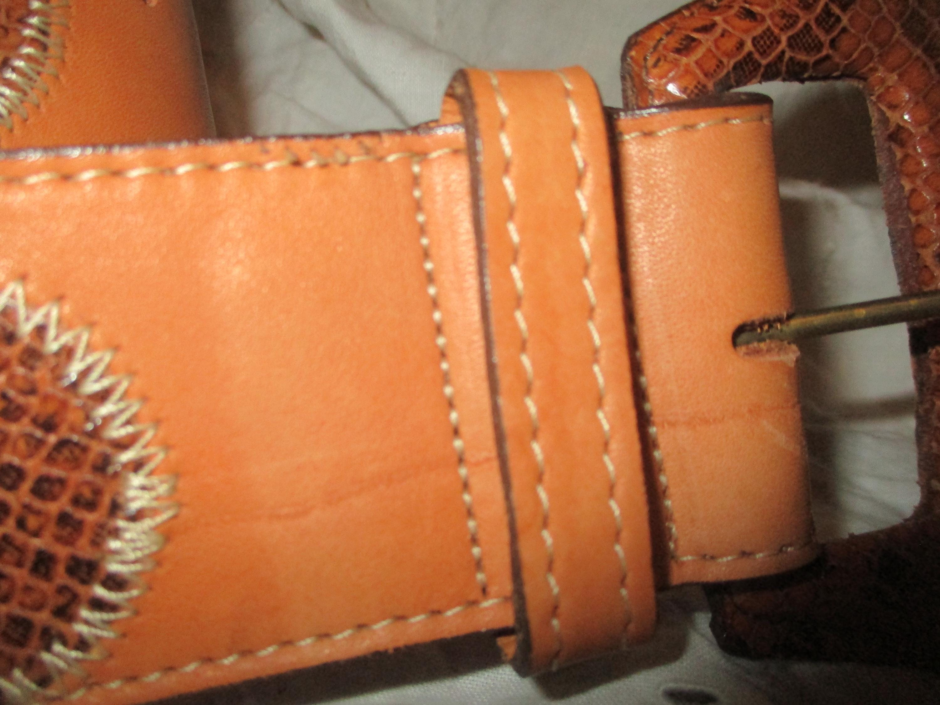 Catherine Dial Easley Tan Leather Aztec Chunky  Buckle Beaded Western Belt SZ S Catherine Dial Easley Vintage Leather Belt With Snakeskin  main image 2