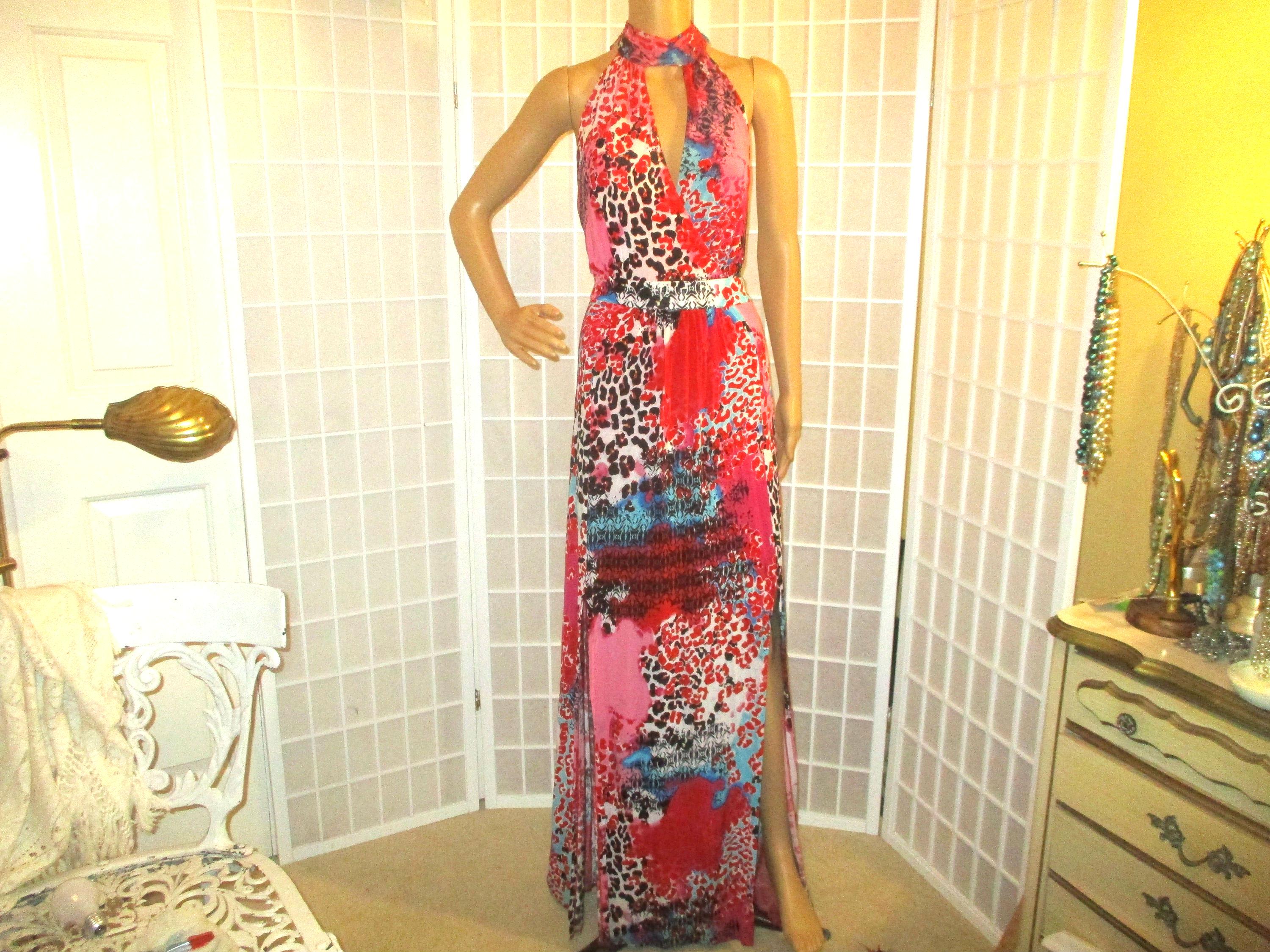 Bebe Colorful Print Slinky Knit Maxi Halter Dress - Etsy Australia