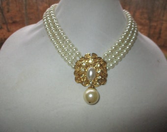 Faux pearl triple strand dangle pendant necklace