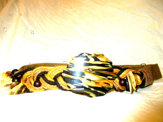 Carolyn Tanner Designs Vintage Safari Animal Wood Bead Belt Lion Zebra Rhino Tan Vtg Carolyn Tanner Designs Belt Wood Beads Carved Lion Zebra  main image 2