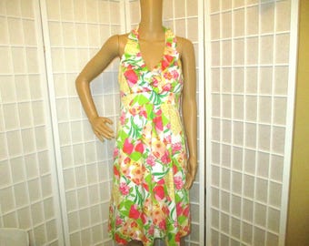 vintage Lilly Pulitzer sun, flowers and frogs print halter dress