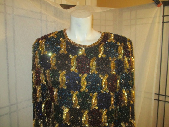 Lawrence Kazar sequined beaded long sleeve top - image 8