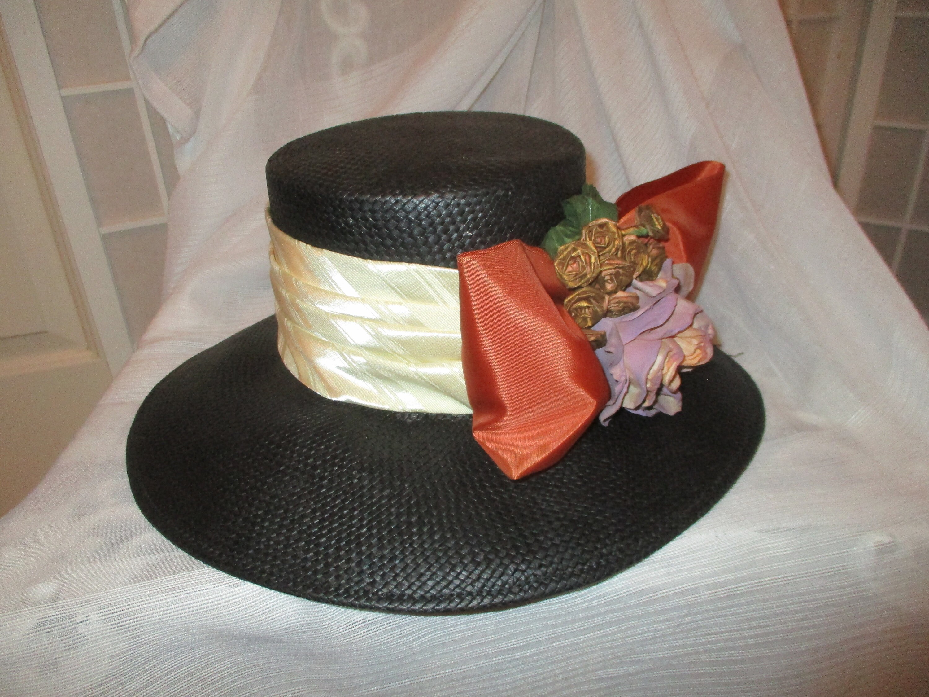 VINTAGE WHITTALL & SHON USA BLUE BOW 100% STRAW HAT CHURCH DERBY WEDDING 72242 m90679933753_2.jpg main image 4