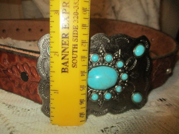 tooled leather belt with faux turquoise metal buc… - image 8