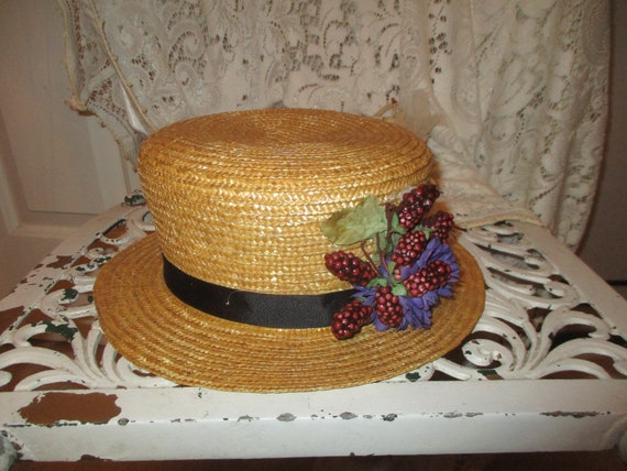 Straw boater hat with berries and purple flower - image 9