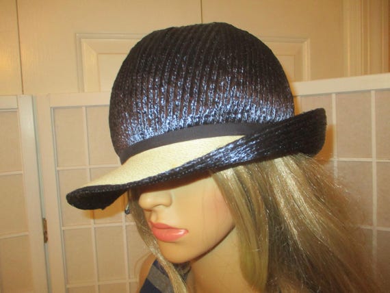 Kutz vintage navy and natural straw cloche hat - image 4