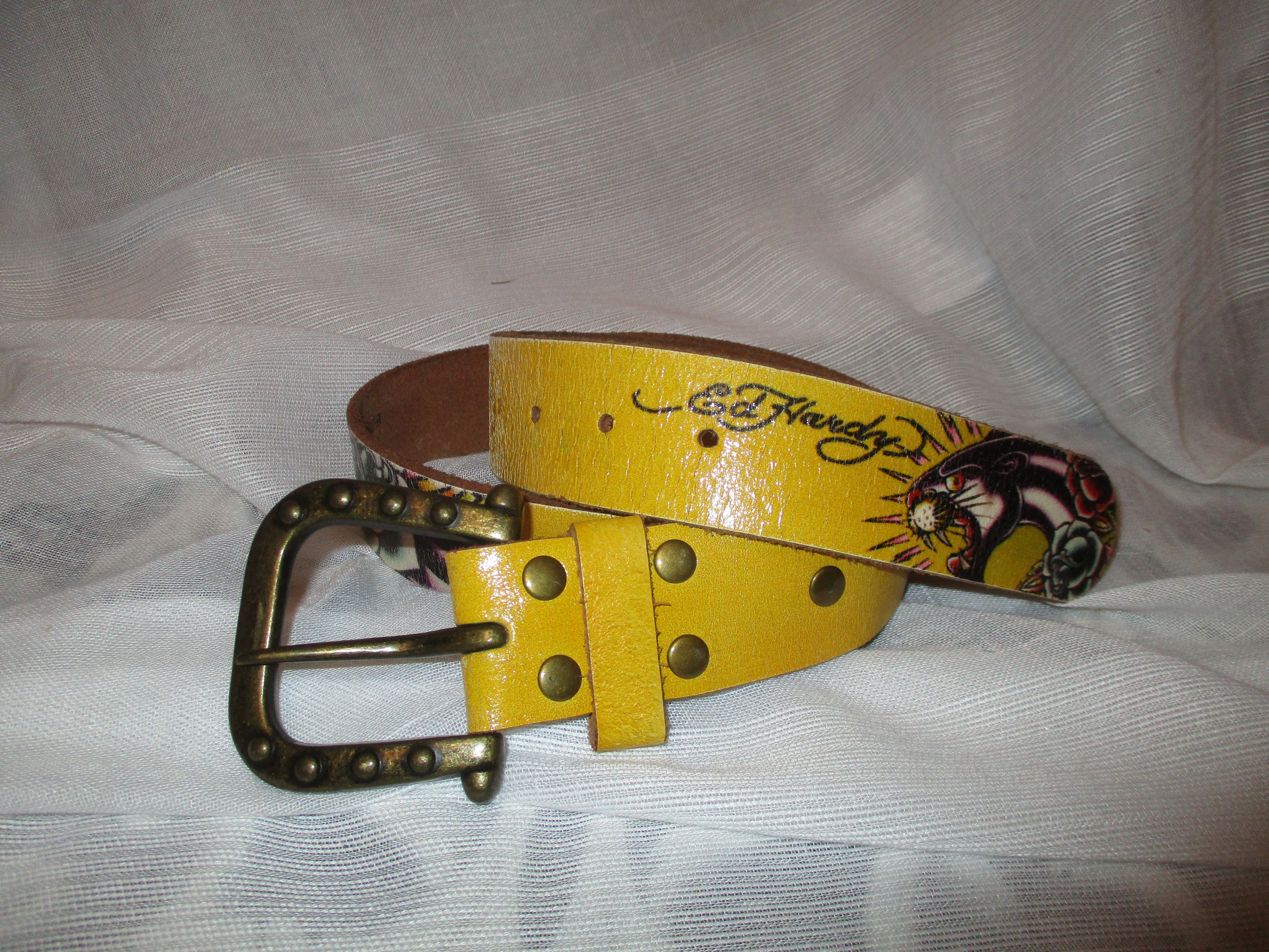 Ed Hardy Handmade Yellow Leather Panther Belt - Etsy display picture 1