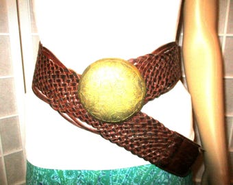 Vintage Wide Woven Boho Leather Belt With Etched Brass  display picture 2