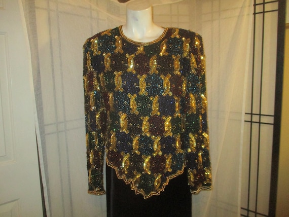 Lawrence Kazar sequined beaded long sleeve top - image 1