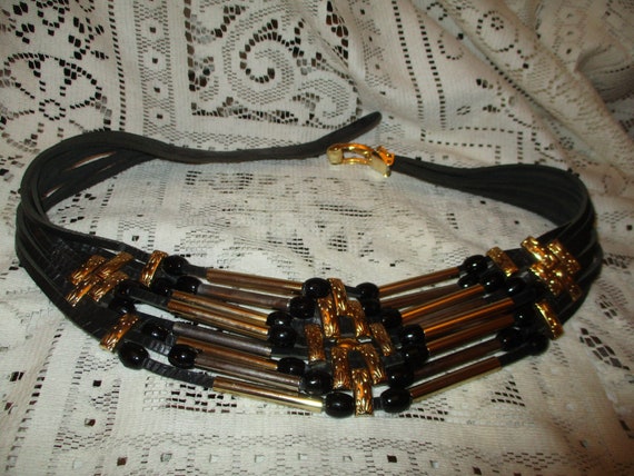 Black Belt with Gold & Silver Embellished Buckle Wide V-shaped Black Belt, Embellished Real Suede Leather  main image 4