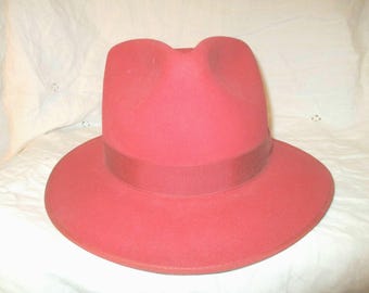 Sombrero fedora de fieltro de piel rojo desgastado vintage 5X de la marca Beaver