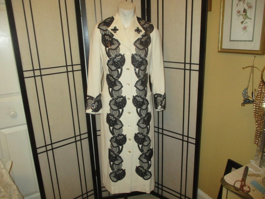 Kasper Long Sleeve Button Down Coat Dress With Sequined Appliques Etsy