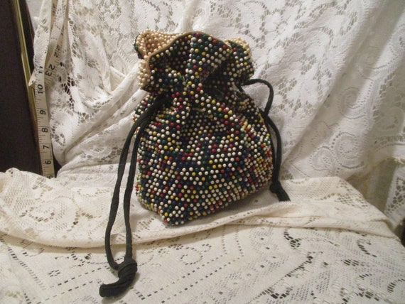 antique beaded drawstring pouch/bag/wristlet - image 1