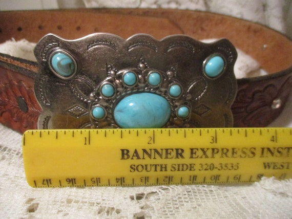 tooled leather belt with faux turquoise metal buc… - image 7