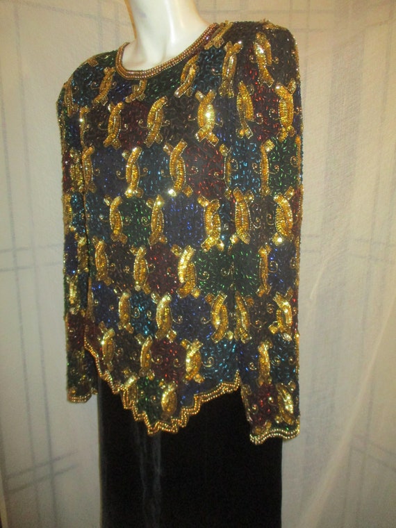 Lawrence Kazar sequined beaded long sleeve top - image 6