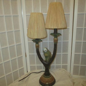 vintage Pacific Coast Lighting tall 2 arm parrot table lamp with shades