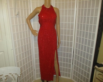 Prestige beaded sequined silk halter formal gown