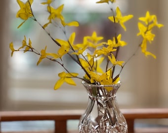 Può includere: Un vaso in vetro tagliato trasparente con bordo svasato e base con motivo geometrico a diamante. Il vaso contiene diversi rami sottili marrone scuro adornati con piccoli fiori gialli a quattro petali che si estendono verso l'esterno.