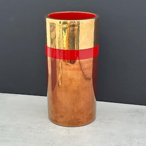 Vintage Bitossi Cylinder Vase – Aldo Londi Metallic Gold Copper Red Glaze Italian Art Pottery