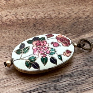 Vintage Cloisonné Rose Flower Pendant Double Sided Enameled Floral Pendant Pink Green