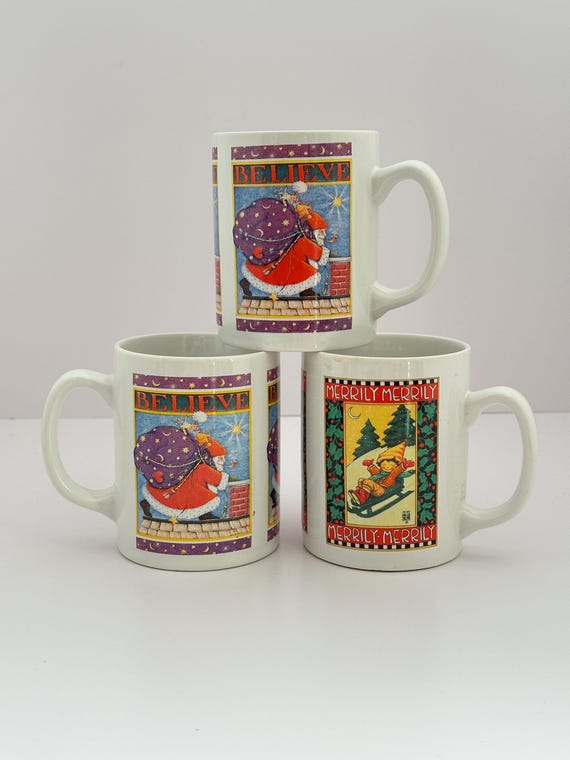 Mary Engelbreit Holiday Ceramic Mug Cup - Sold Separately - Merrily Believe Vintage Christmas