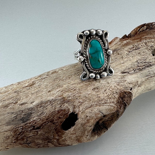 Native American Turquoise Ring - Silver Work - Rectangle Shape - Vintage Turquoise - Size 6.5 - Handmade