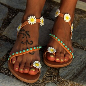 Women Leather sandals, Festival sandals, Hippie Sandals, Boho sandals, Greek Sandals, Handmade to order sandals Daisy image 4