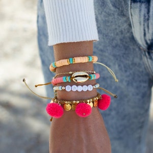 pom pom bracelet, boho bracelets set, beach bracelets, salty bracelet, personalized bracelet women, shell bracelet, summer jewelry handmade