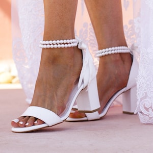 Block heel wedding sandals, bridal shoes block heel, wedding shoes for bride, pearl heels, white leather block heels FAIRY