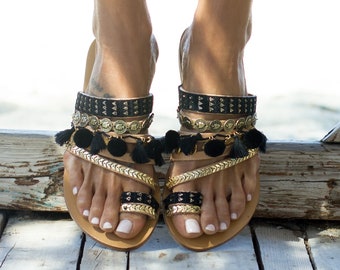 Morocco Night sandals, Boho sandals, Handmade leather sandals, Greek leather sandals women, Black Gold sandals, Pom pom sandals