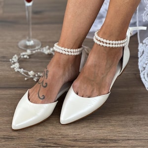 ivory wedding shoes, bridal shoes, flats for bride, women&#39;s low heel, pearls bride shoes, ankle strap leather shoes AUDREY