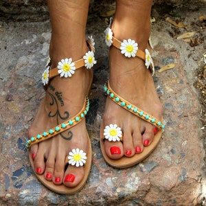 Women Leather sandals, Festival sandals, Hippie Sandals, Boho sandals, Greek Sandals, Handmade to order sandals Daisy image 1