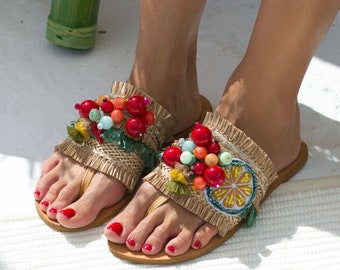 Handmade Greek leather sandals decorated shoes by DimitrasWorkshop