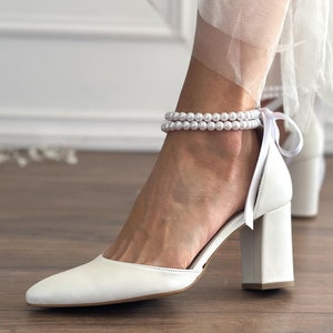 Block Heel wedding Shoes, Pearl D&#39;Orsay bridal Pumps, Pointed toe wedding heels, White bridal Shoes • OLIVIA