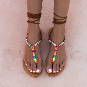 monogram sandals, personalized sandals, leather sandals, boho sandals, beaded sandals, tie up sandals, personalized gift for her, GINGER