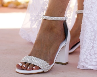 chaussures de désherbage à talons carrés, mariage de sandales en cuir blanc, talons de mariée, chaussures de mariage faites à la main, sandales de mariage SUGAR LOVE