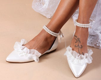 escarpins de mariage, chaussures en cuir pour la mariée, ballerines de mariage plates D'Orsay, chaussures plates à bout pointu ivoire avec perles, chaussures de mariage GISELLE