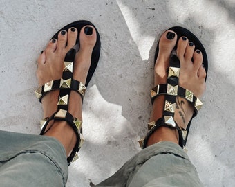 Black leather sandals, stylish leather sandals, greek leather sandals women, strappy sandals "U Rock"