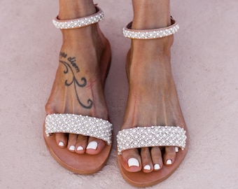 Pearl Leather Wedding Sandals, Handmade Bridal Flats, Amaya