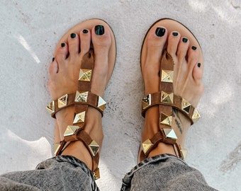 Handmade Greek Leather Strappy Sandals with studs, brown leather, U Rock