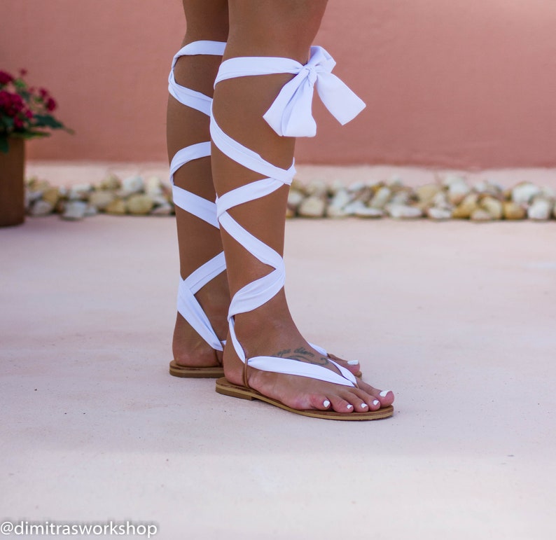 Wedding sandals, Bridal sandals, Greek leather sandals, white ribbon sandals, lace up sandals, handmade wedding shoes, SIFNOS image 6