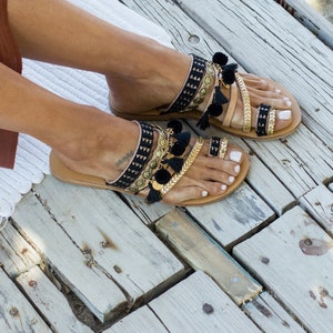 Morocco Night sandals, Boho sandals, Handmade leather sandals, Greek leather sandals women, Black Gold sandals, Pom pom sandals image 2