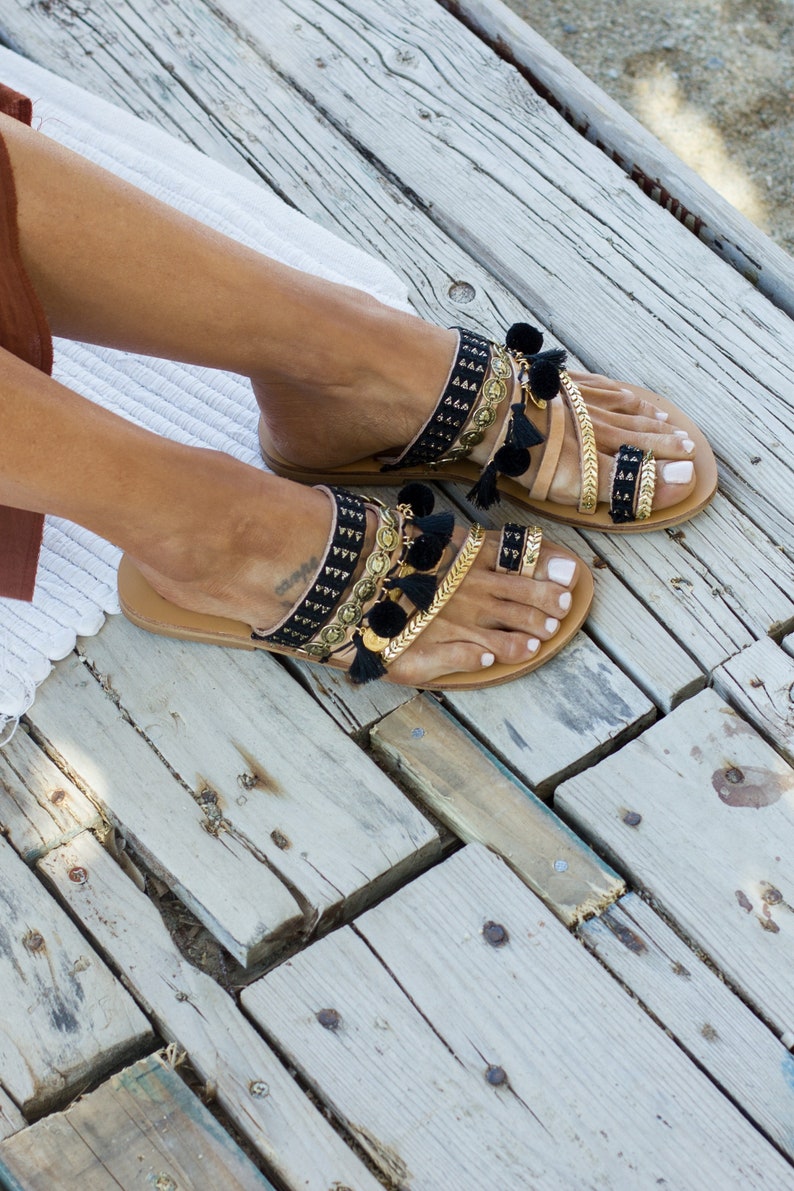 Morocco Night sandals, Boho sandals, Handmade leather sandals, Greek leather sandals women, Black Gold sandals, Pom pom sandals image 2