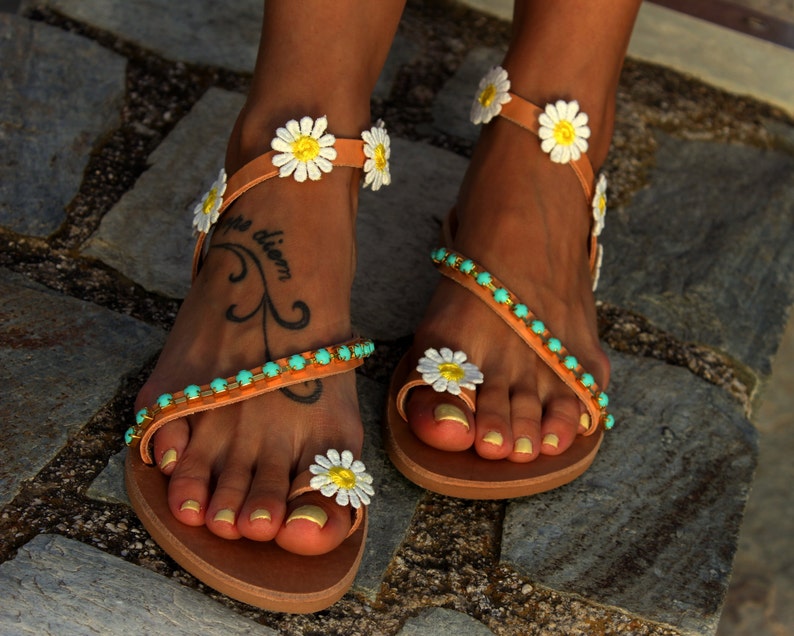 Women Leather sandals, Festival sandals, Hippie Sandals, Boho sandals, Greek Sandals, Handmade to order sandals Daisy image 4