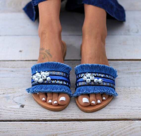 Slides Greek Leather Sandals Pearl sandals | Etsy