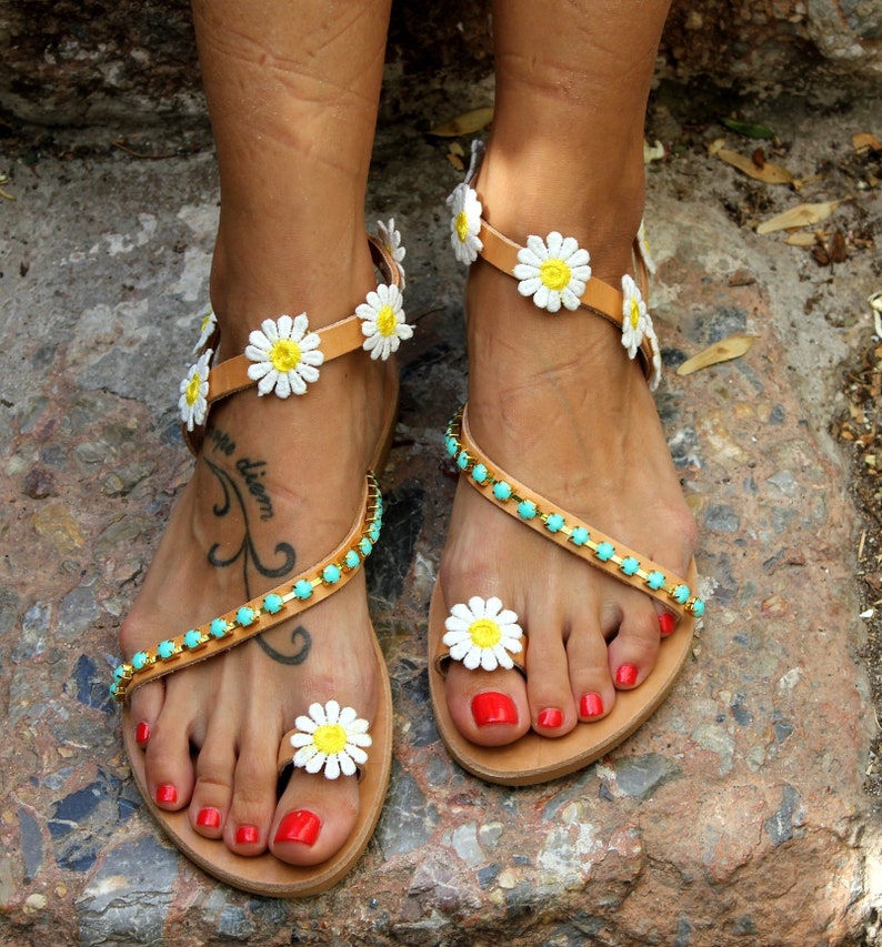 Women Leather sandals, Festival sandals, Hippie Sandals, Boho sandals, Greek Sandals, Handmade to order sandals Daisy image 1