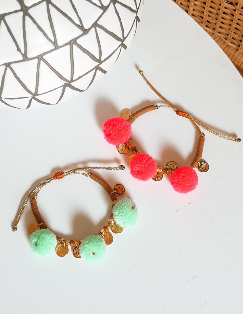 Pom pom bracelet, Boho bracelet women, Summer bracelets, Beach bracelet, Coin bracelet, Boho bracelets set, Gift for her image 1