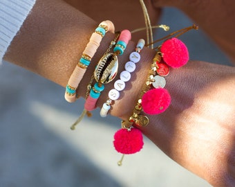 pom pom bracelet, boho bracelets set, beach bracelets, salty bracelet,  personalized bracelet women, shell bracelet, summer jewelry handmade